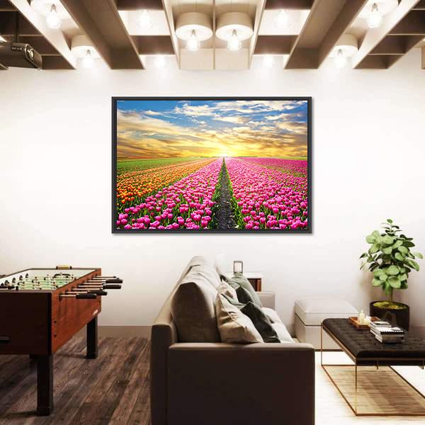 Tulip Field At Sunrise Canvas Wall Art-3 Horizontal-Gallery Wrap-25" x 16"-Tiaracle