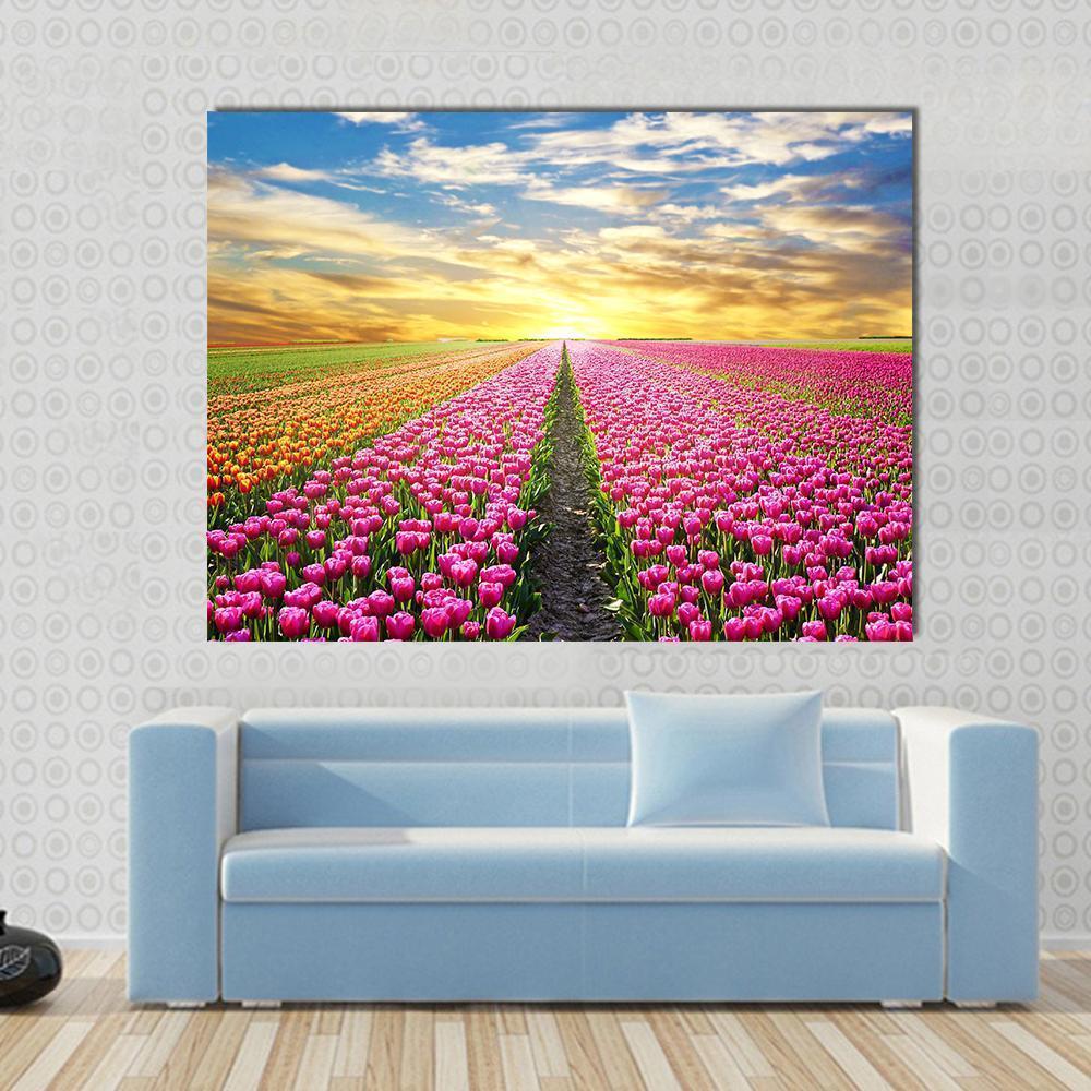 Tulip Field at Sunrise Canvas Wall Art in yellow, blue and pink, single panel hung on a wall