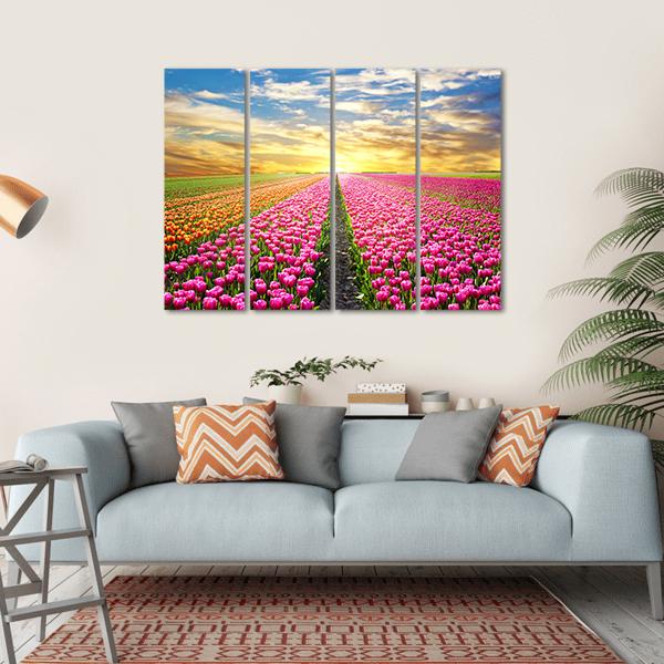 Tulip Field At Sunrise Canvas Wall Art-4 Horizontal-Gallery Wrap-34" x 24"-Tiaracle
