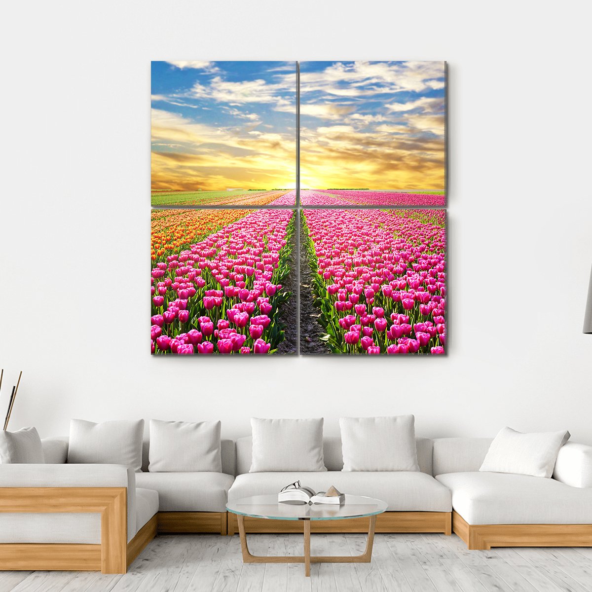 Tulip Field At Sunrise Canvas Wall Art-4 Square-Gallery Wrap-17" x 17"-Tiaracle