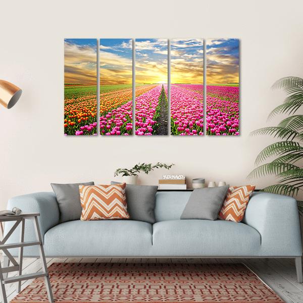 Tulip Field At Sunrise Canvas Wall Art-5 Horizontal-Gallery Wrap-22" x 12"-Tiaracle
