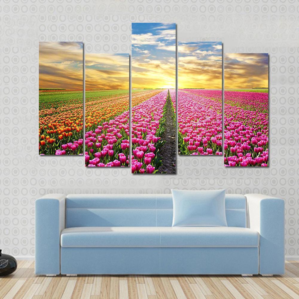 Tulip Field At Sunrise Canvas Wall Art-5 Pop-Gallery Wrap-47" x 32"-Tiaracle