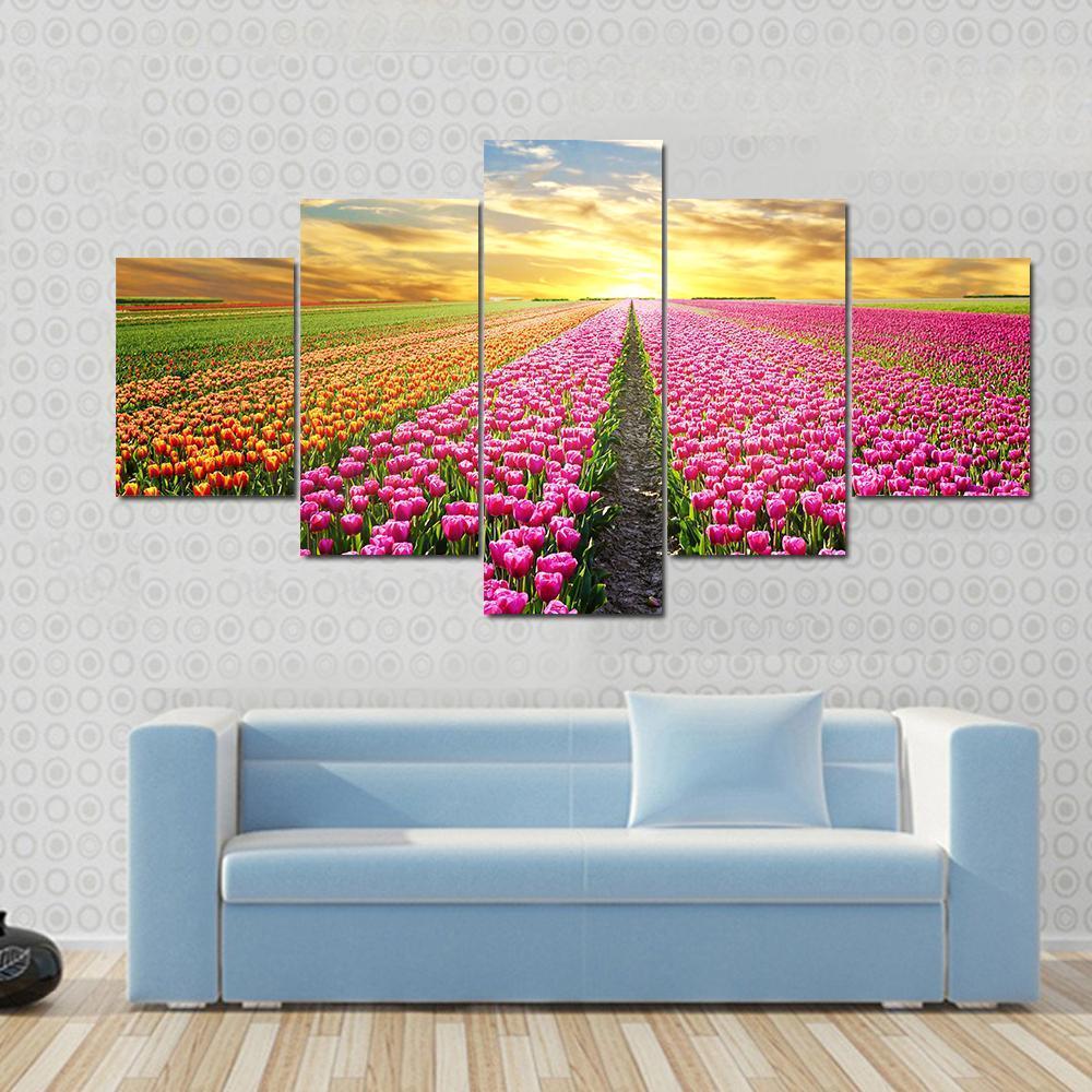Tulip Field At Sunrise Canvas Wall Art-5 Star-Gallery Wrap-62" x 32"-Tiaracle