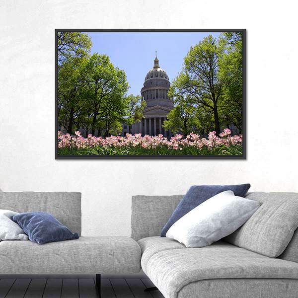 Tulip Garden In Front Of West Virginia Capital Canvas Wall Art-1 Piece-Floating Frame-24" x 16"-Tiaracle