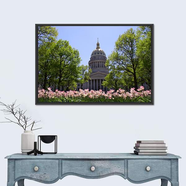 Tulip Garden In Front Of West Virginia Capital Canvas Wall Art-5 Horizontal-Gallery Wrap-22" x 12"-Tiaracle