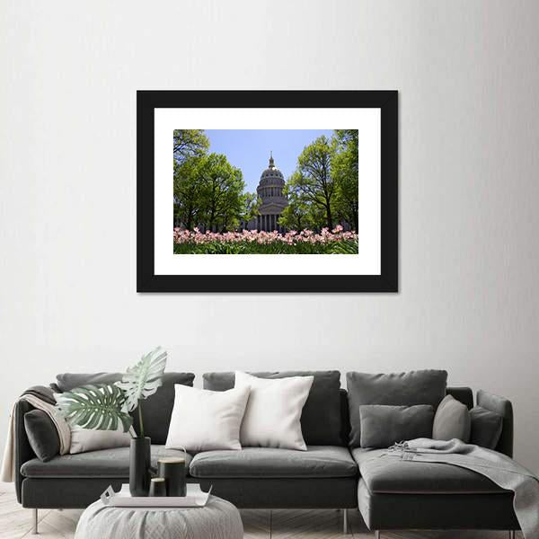 Tulip Garden In Front Of West Virginia Capital Canvas Wall Art-1 Piece-Framed Print-20" x 16"-Tiaracle