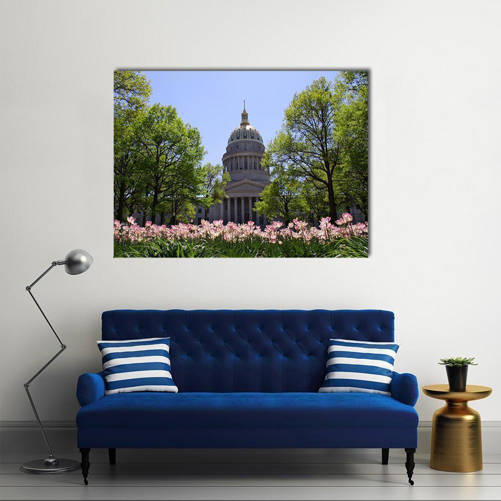 Tulips in Front of Golden-domed Capitol Canvas Wall Art in green, blue and pink, single panel hung on a wall
