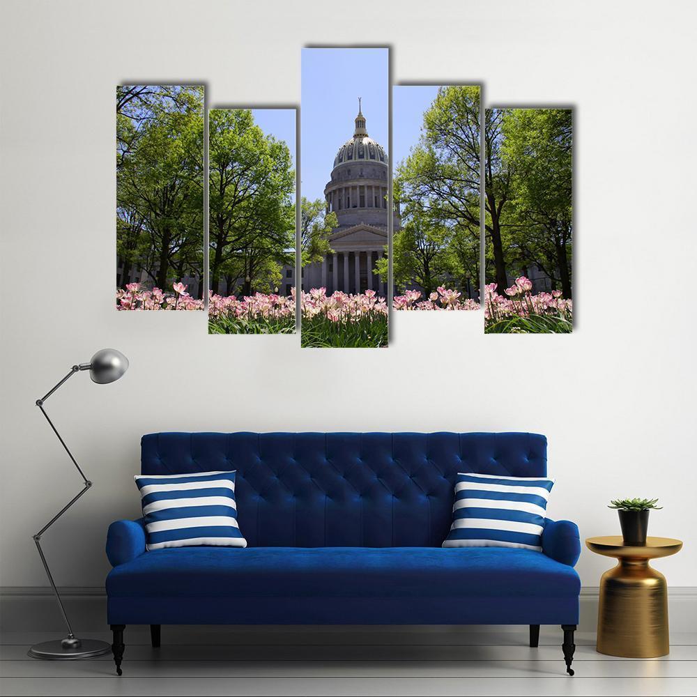 Tulip Garden In Front Of West Virginia Capital Canvas Wall Art-5 Pop-Gallery Wrap-47" x 32"-Tiaracle