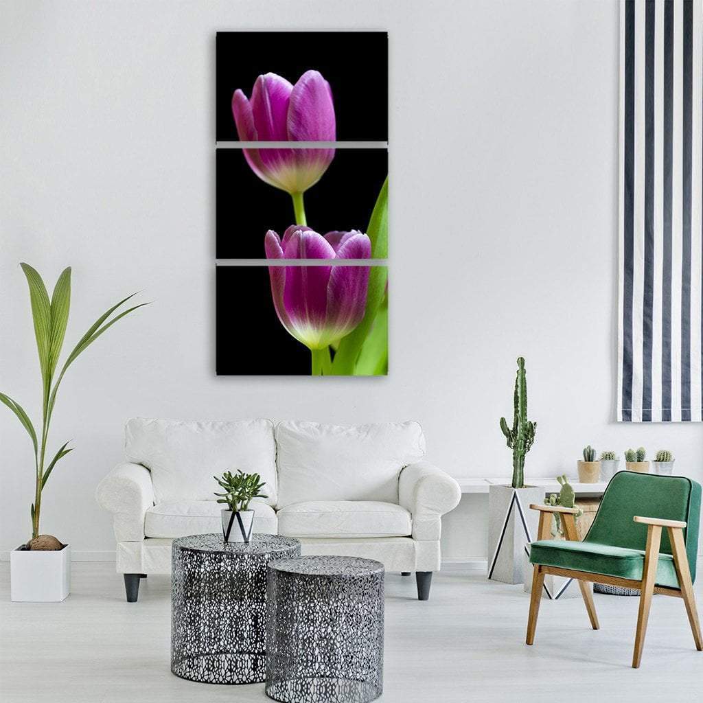 Purple Tulips on Black Background Vertical Canvas Wall Art in black and purple, hung on a wall