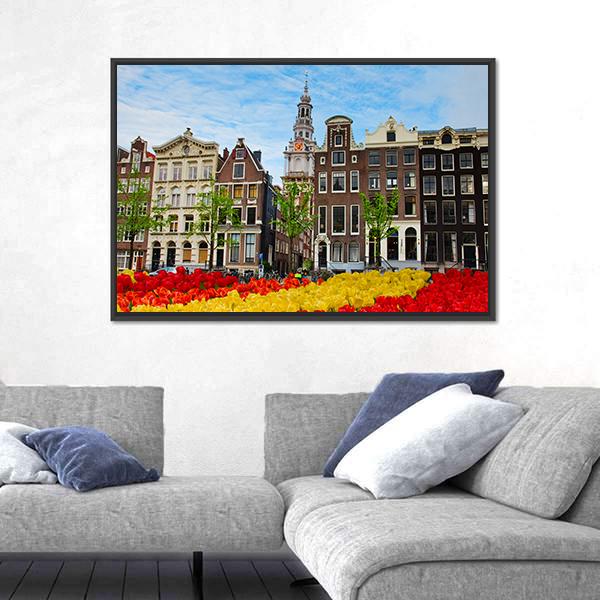 Tulips And Facades Of Old Houses In Amsterdam Canvas Wall Art-1 Piece-Floating Frame-24" x 16"-Tiaracle