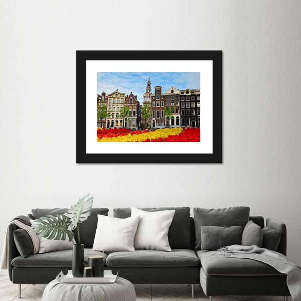 Tulips And Facades Of Old Houses In Amsterdam Canvas Wall Art-1 Piece-Framed Print-20" x 16"-Tiaracle