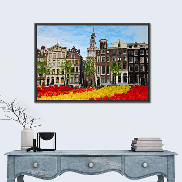 Tulips And Facades Of Old Houses In Amsterdam Canvas Wall Art-3 Horizontal-Gallery Wrap-25" x 16"-Tiaracle