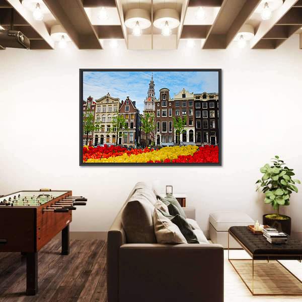 Tulips And Facades Of Old Houses In Amsterdam Canvas Wall Art-3 Horizontal-Gallery Wrap-25" x 16"-Tiaracle