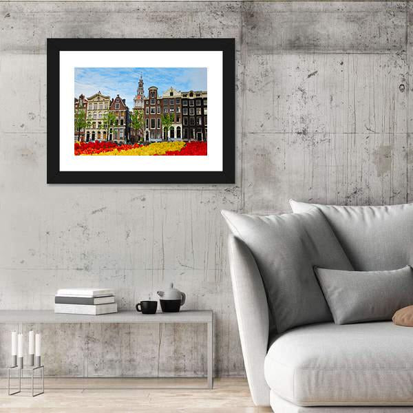 Tulips And Facades Of Old Houses In Amsterdam Canvas Wall Art-3 Horizontal-Gallery Wrap-25" x 16"-Tiaracle
