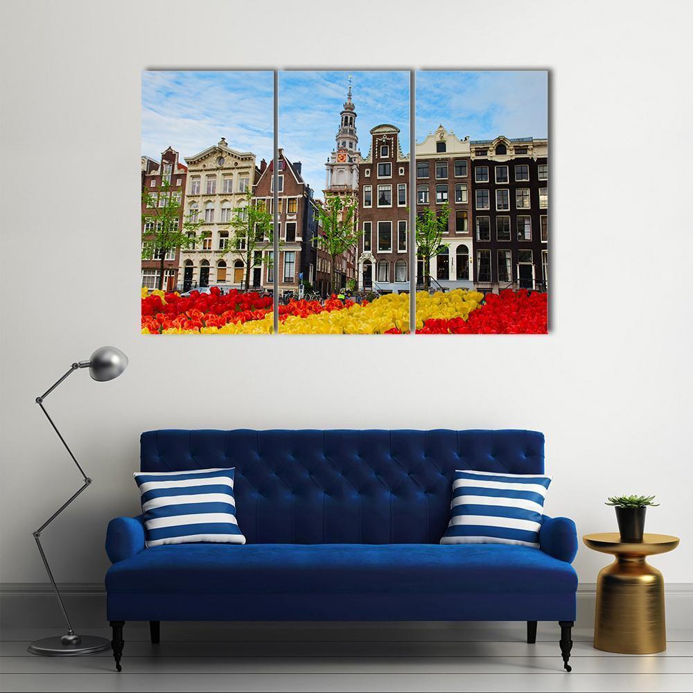 Tulips And Facades Of Old Houses In Amsterdam Canvas Wall Art-3 Horizontal-Gallery Wrap-37" x 24"-Tiaracle