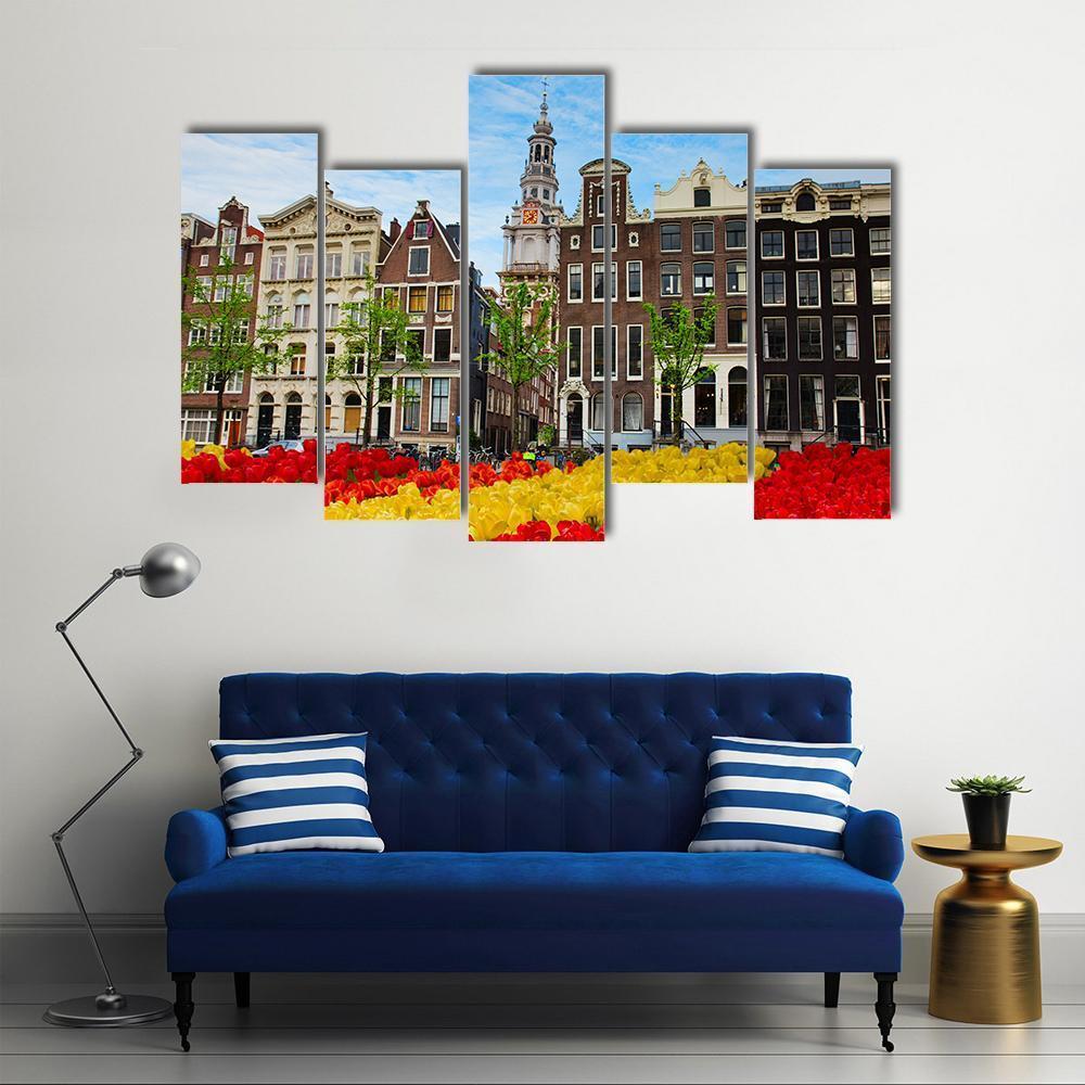 Tulips And Facades Of Old Houses In Amsterdam Canvas Wall Art-5 Pop-Gallery Wrap-47" x 32"-Tiaracle