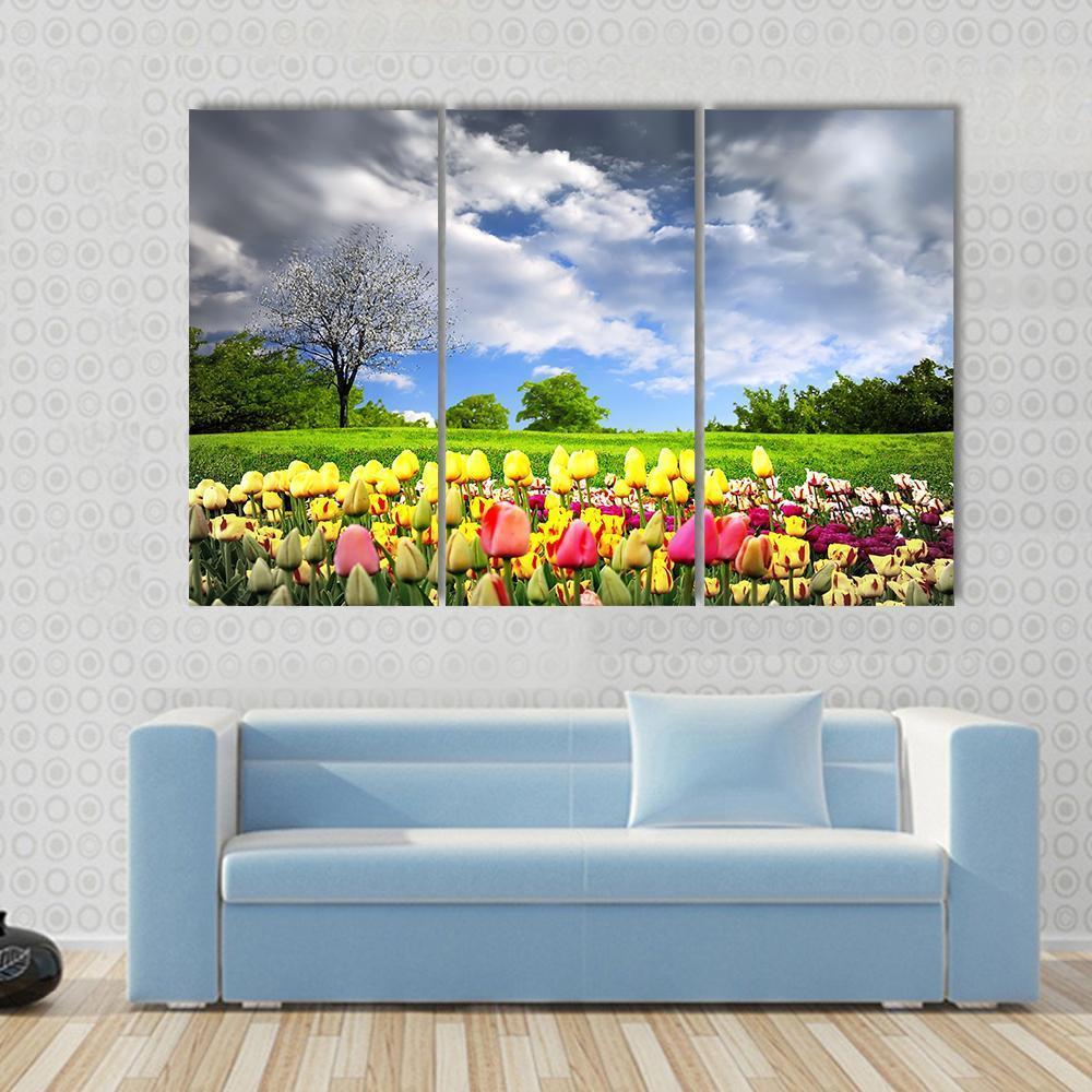Tulips &amp; Spring Meadow Canvas Wall Art-3 Horizontal-Gallery Wrap-37" x 24"-Tiaracle