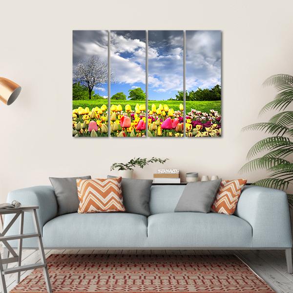 Tulips &amp; Spring Meadow Canvas Wall Art-4 Horizontal-Gallery Wrap-34" x 24"-Tiaracle