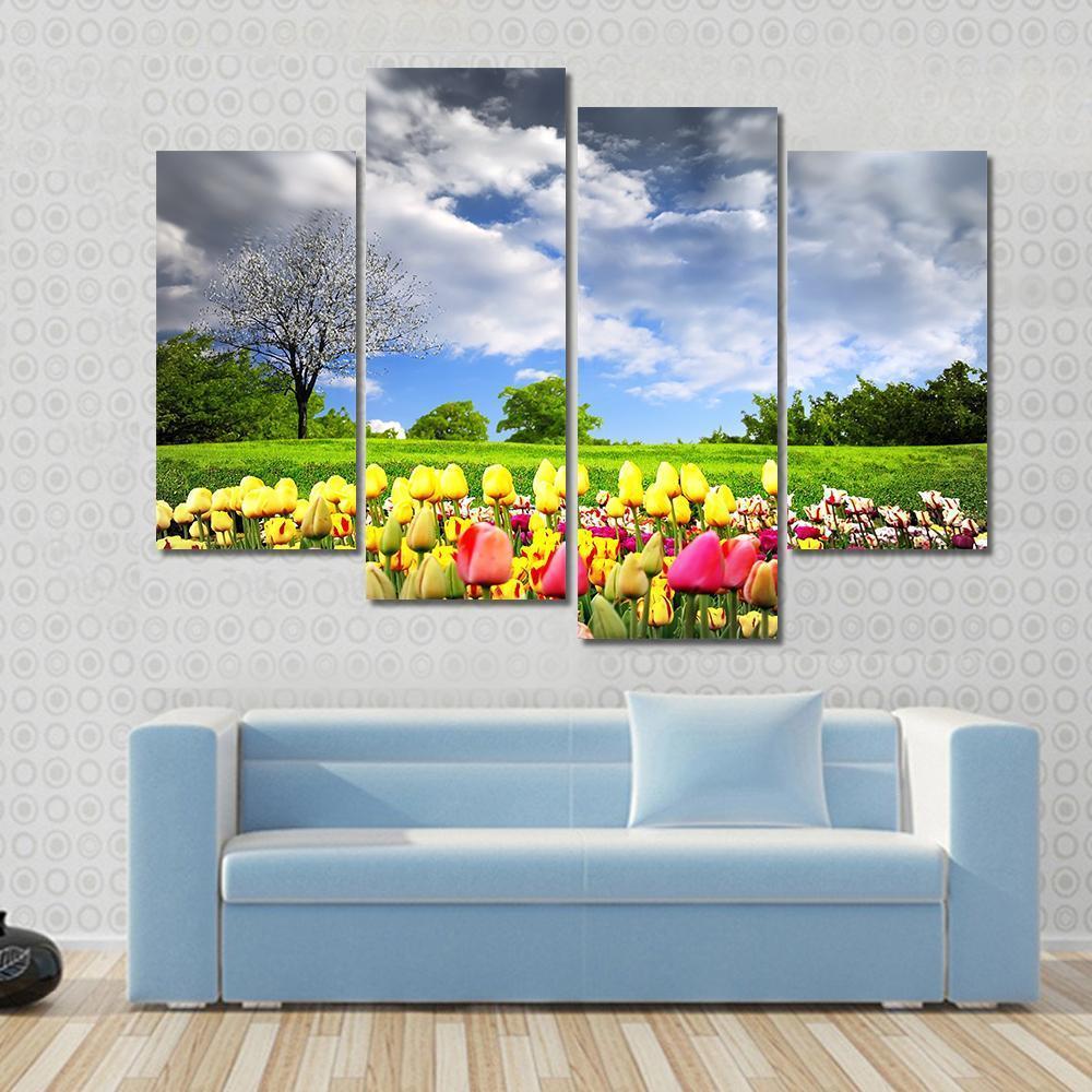 Tulips &amp; Spring Meadow Canvas Wall Art-4 Pop-Gallery Wrap-50" x 32"-Tiaracle