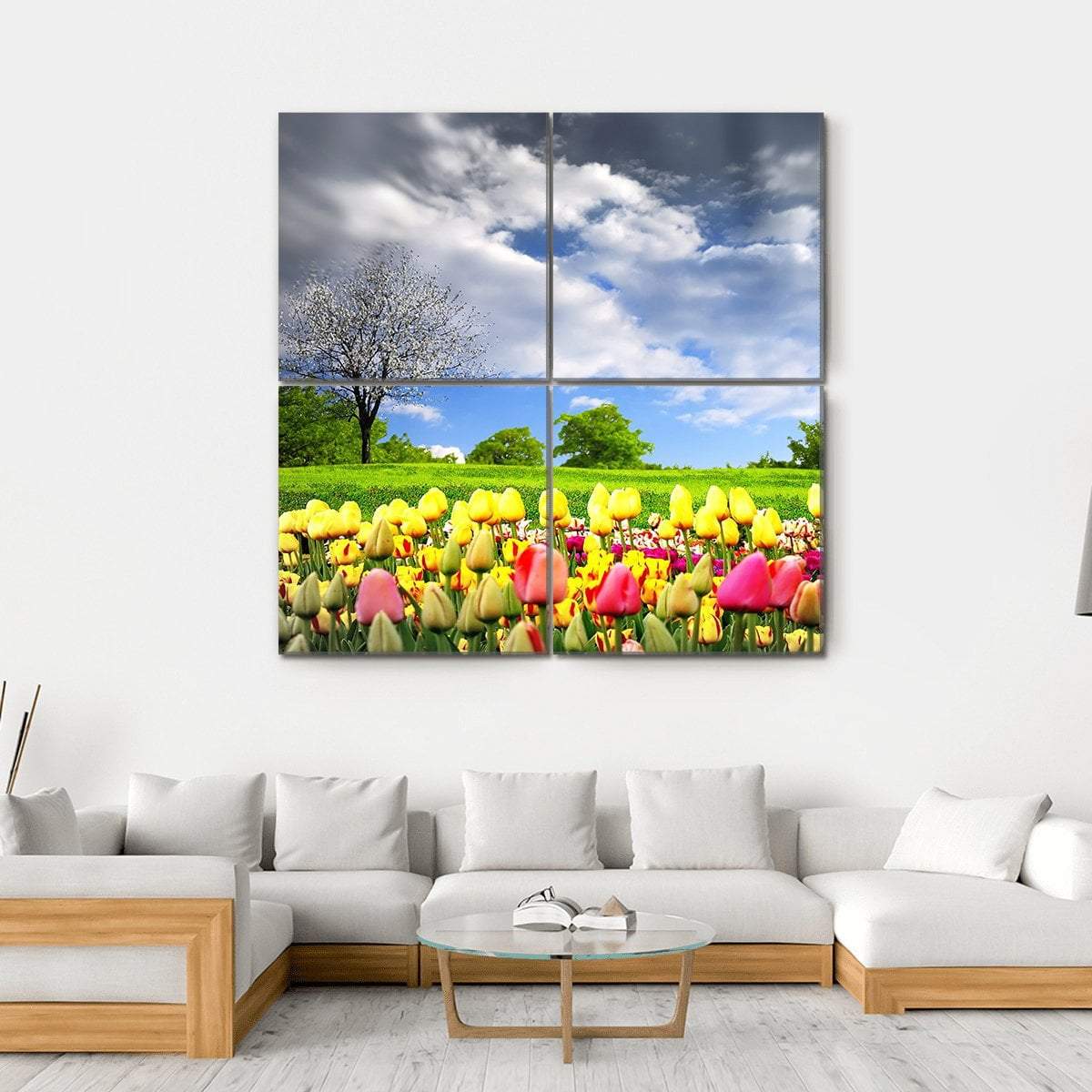 Tulips & Spring Meadow Canvas Wall Art-4 Square-Gallery Wrap-17" x 17"-Tiaracle