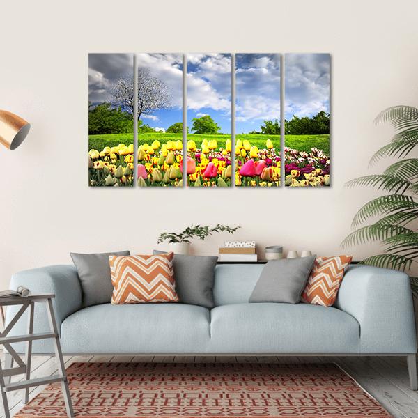 Tulips &amp; Spring Meadow Canvas Wall Art-5 Horizontal-Gallery Wrap-22" x 12"-Tiaracle