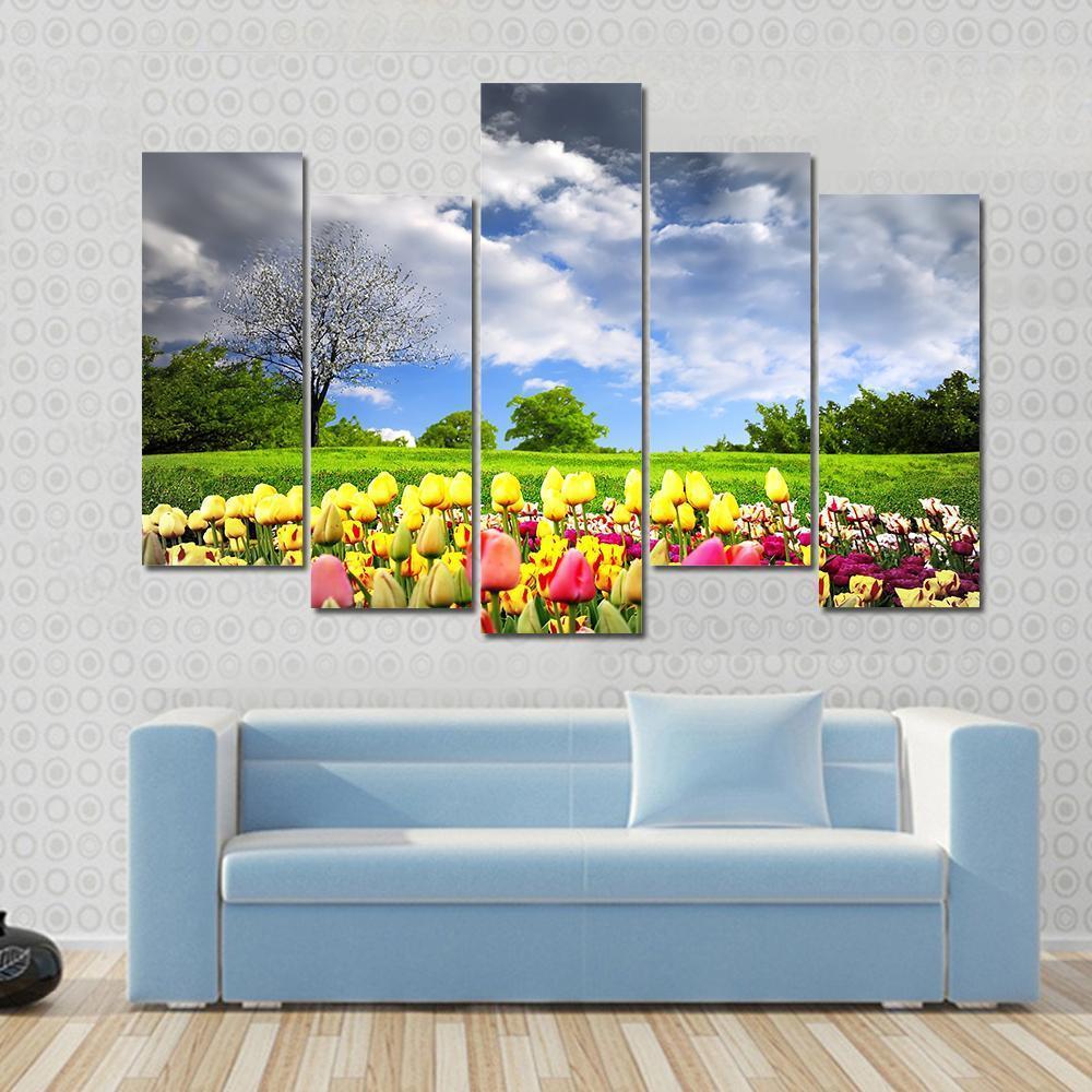 Tulips &amp; Spring Meadow Canvas Wall Art-5 Pop-Gallery Wrap-47" x 32"-Tiaracle