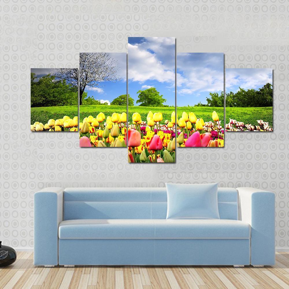 Tulips &amp; Spring Meadow Canvas Wall Art-5 Star-Gallery Wrap-62" x 32"-Tiaracle