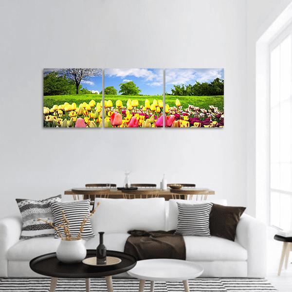 Tulips &amp; Spring Meadow Panoramic Canvas Wall Art-3 Piece-25" x 08"-Tiaracle