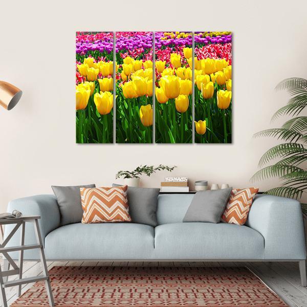 Tulips Field Flowers Canvas Wall Art-4 Horizontal-Gallery Wrap-34" x 24"-Tiaracle
