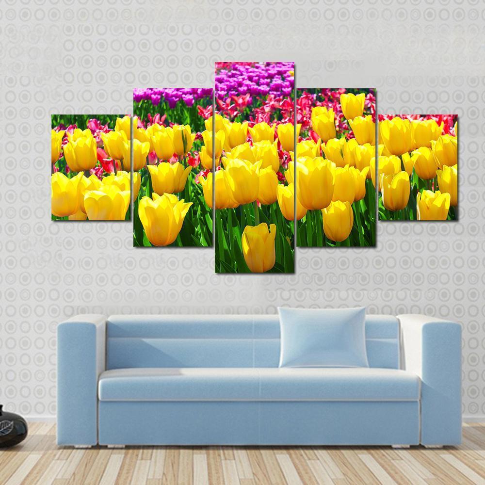 Tulips Field Yellow Flowers Canvas Wall Art-5 Star-Gallery Wrap-62" x 32"-Tiaracle