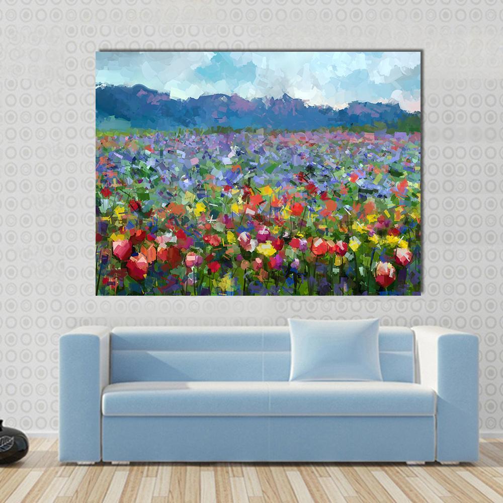 Tulips Flowers Blossom in the Meadow Canvas Wall Art in green, blue and multicolor, single panel hung on a wall