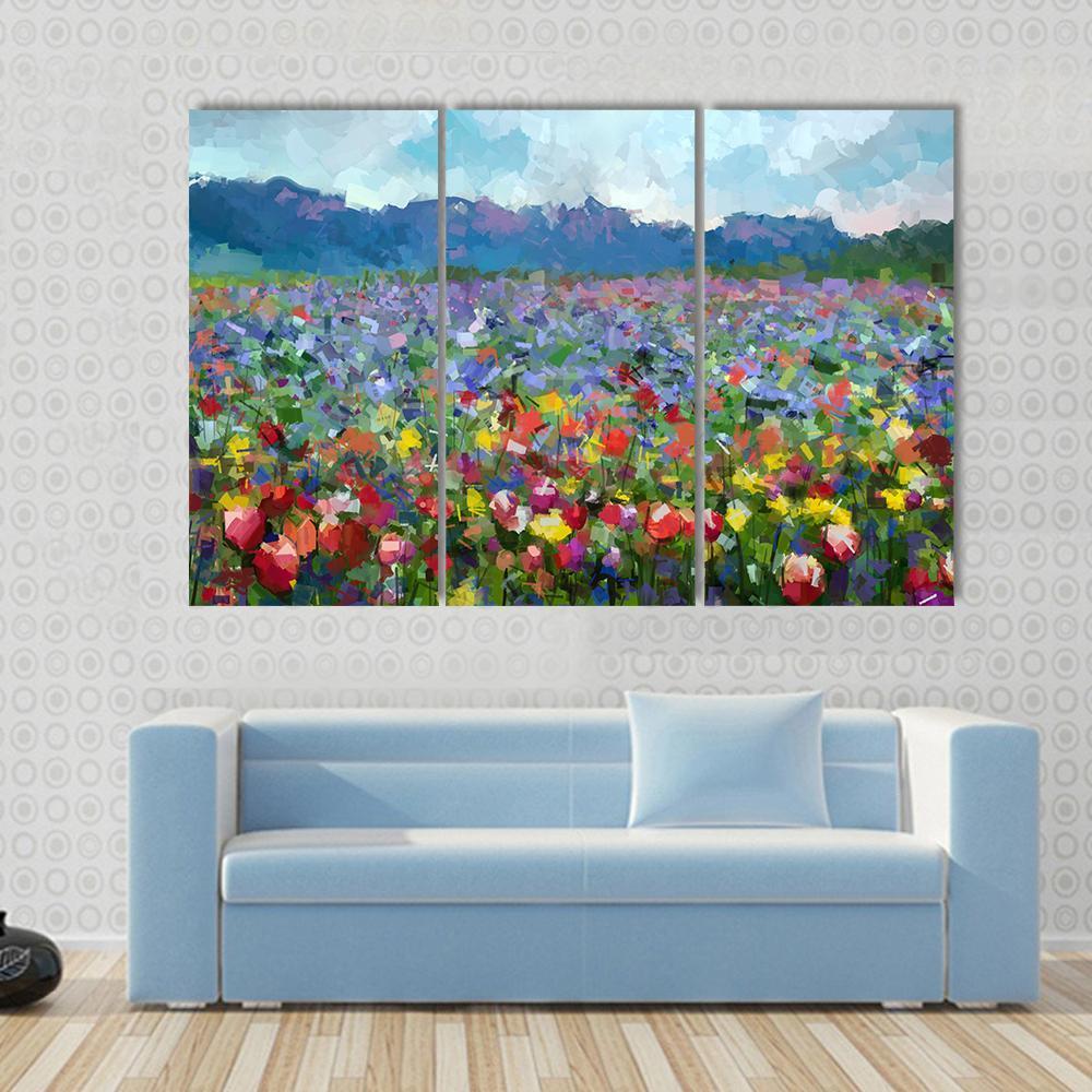 Tulips Flowers Blossom In The Meadow Canvas Wall Art-3 Horizontal-Gallery Wrap-37" x 24"-Tiaracle