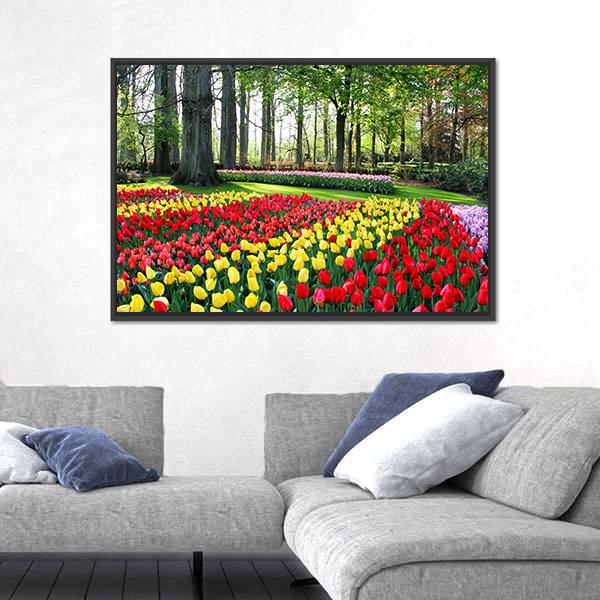 Tulips &amp; Spring Hyacinths Panoramic Canvas Wall Art-1 Piece-36" x 12"-Tiaracle