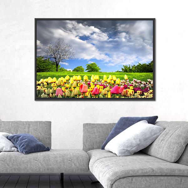 Tulips &amp; Spring Meadow Canvas Wall Art-1 Piece-Floating Frame-24" x 16"-Tiaracle