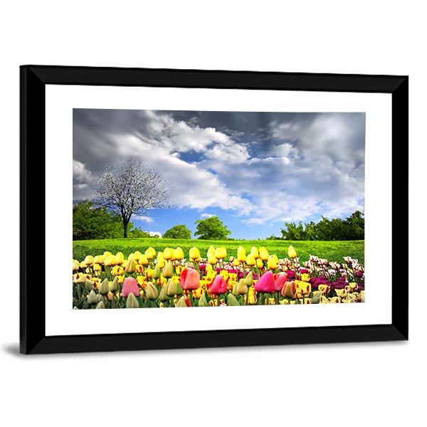 Tulips &amp; Spring Meadow Panoramic Canvas Wall Art-1 Piece-36" x 12"-Tiaracle