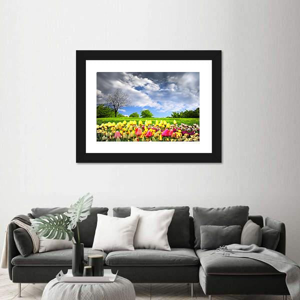 Tulips &amp; Spring Meadow Panoramic Canvas Wall Art-1 Piece-36" x 12"-Tiaracle