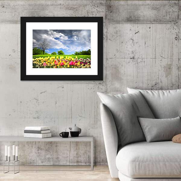 Tulips &amp; Spring Meadow Panoramic Canvas Wall Art-1 Piece-36" x 12"-Tiaracle