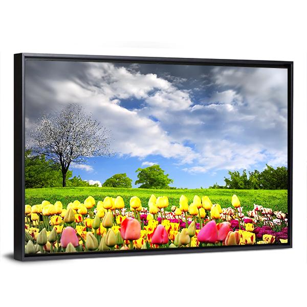 Tulips & Spring Meadow Panoramic Canvas Wall Art-1 Piece-36" x 12"-Tiaracle