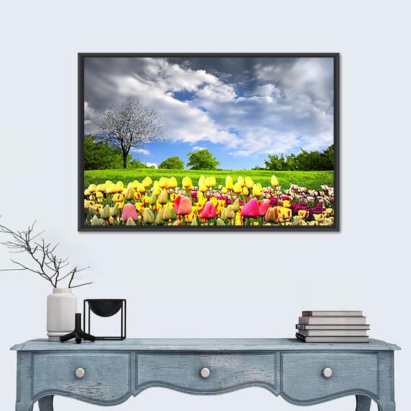 Tulips & Spring Meadow Panoramic Canvas Wall Art-1 Piece-36" x 12"-Tiaracle