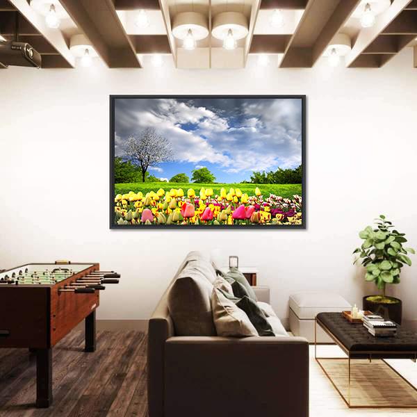 Tulips & Spring Meadow Panoramic Canvas Wall Art-1 Piece-36" x 12"-Tiaracle