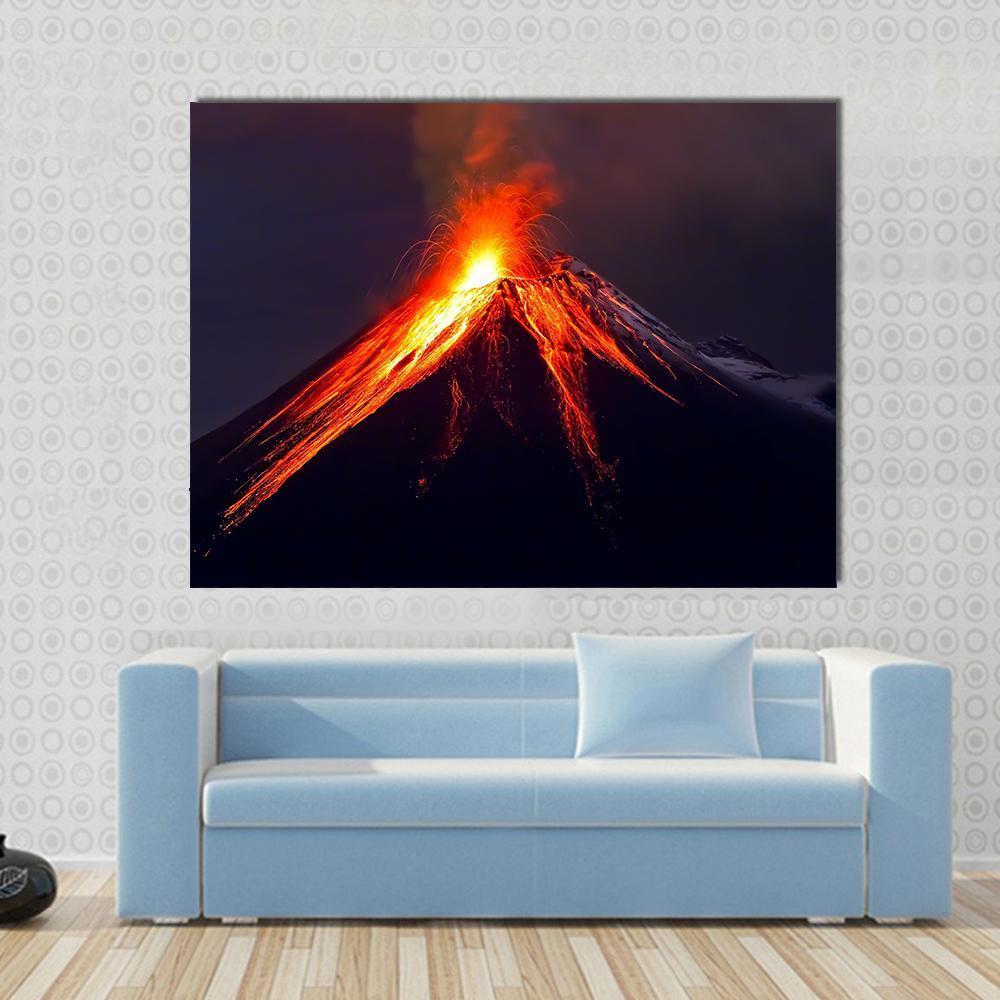 Tungurahua Volcano Eruption at Night Canvas Wall Art in black, red and orange, single panel hung on a wall