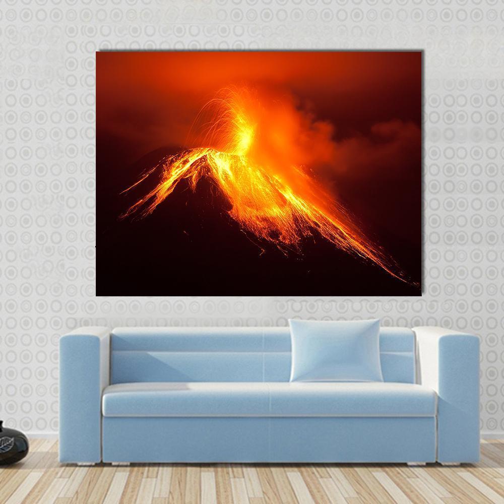 Tungurahua Volcano Eruption Canvas Wall Art in black, red and orange, single panel hung on a wall