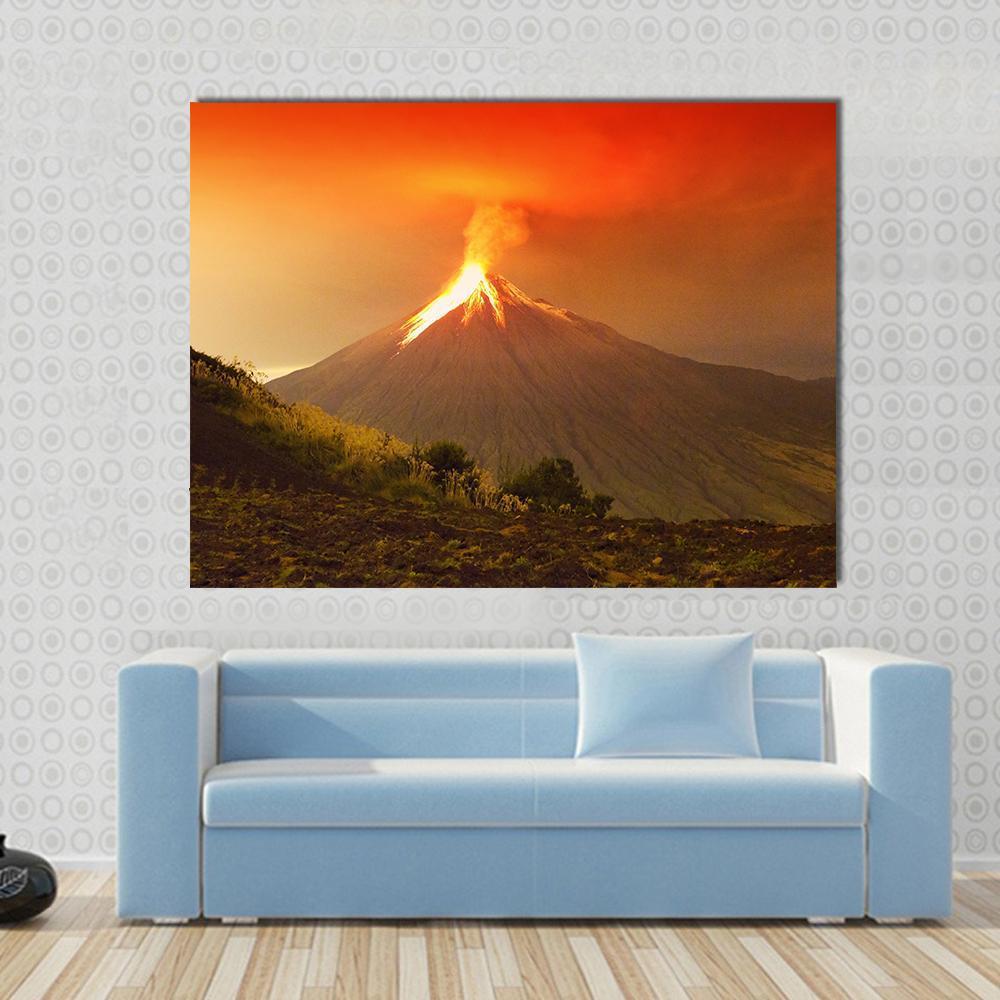Tungurahua Volcano Eruption Canvas Wall Art in brown, orange and yellow, single panel hung on a wall