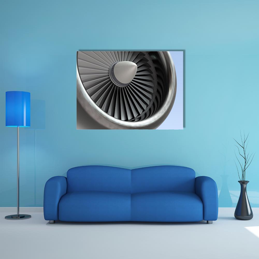 Airplane Turbine Blades Close Up Canvas Wall Art in black, gray and silver, single panel hung on a wall