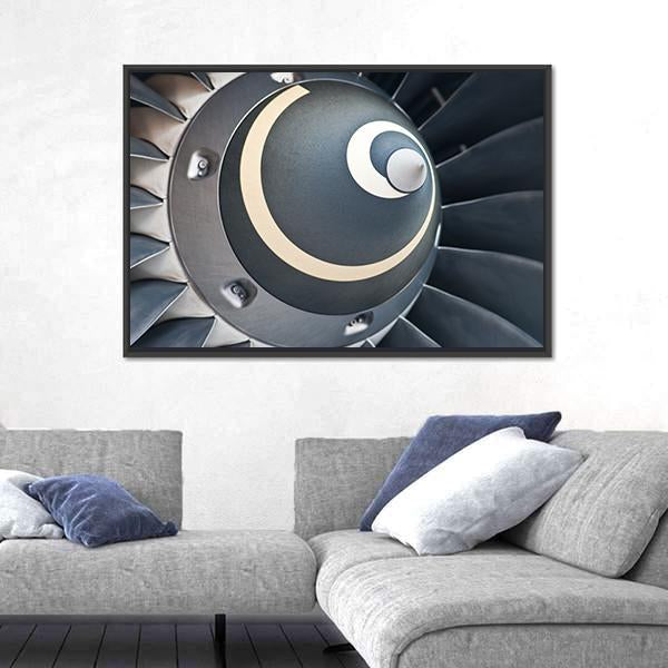 Jet Engine Turbine Blades Canvas Wall Art in black, gray and silver, framed canvas, product view on a white background