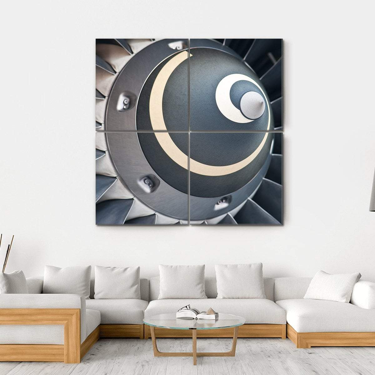 Jet Engine Turbine Blades Canvas Wall Art in black, gray and silver, hung on a wall