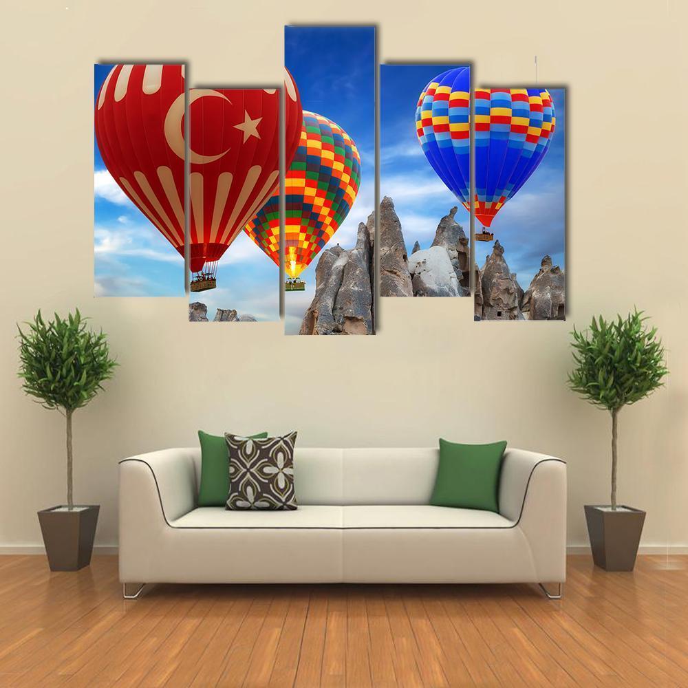 Turkey Flag On Hot Air Balloon Canvas Wall Art-5 Pop-Gallery Wrap-47" x 32"-Tiaracle