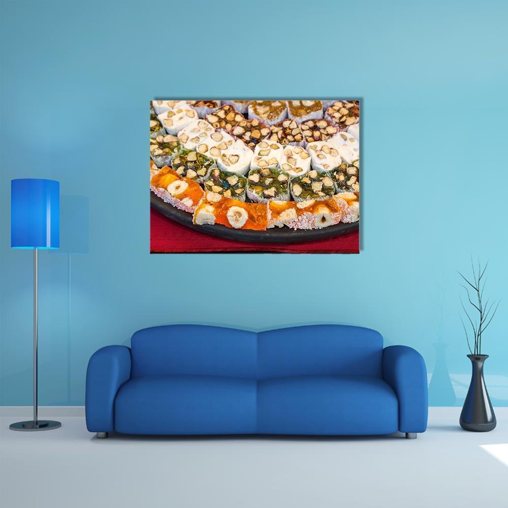 Assorted Turkish Delight Sweets Canvas Wall Art in beige, brown and multicolor, single panel hung on a wall