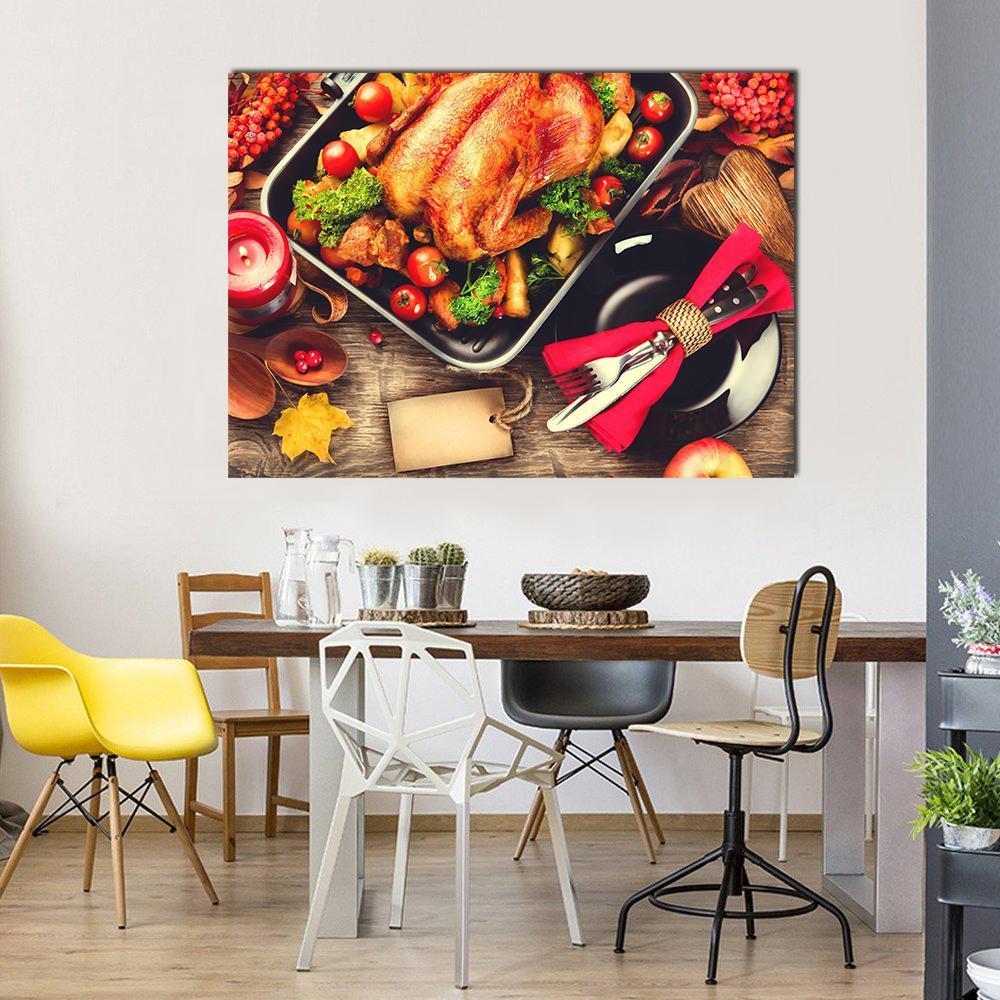 Turkish Dinner Table Canvas Wall Art in brown, red and orange, single panel hung on a wall
