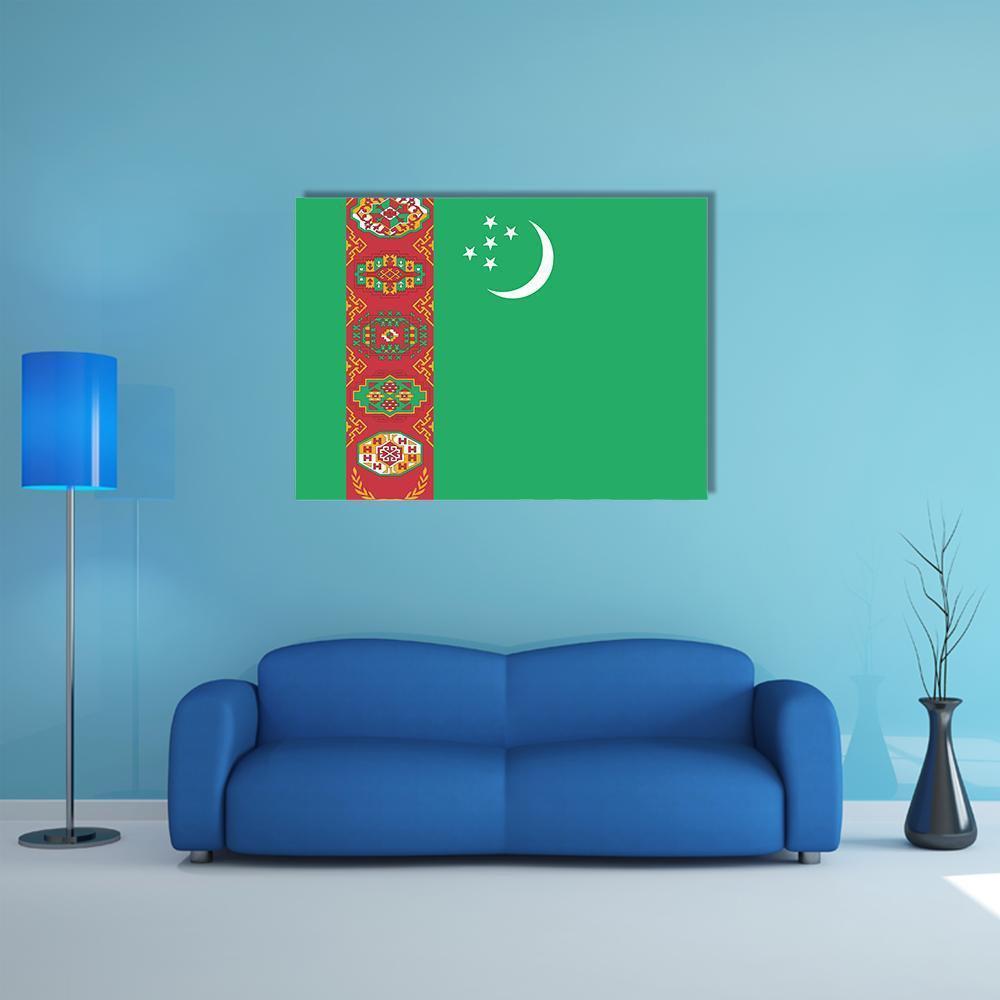 Turkmenistan National Flag with Ornamental Band Canvas Wall Art in white, red and green, single panel hung on a wall